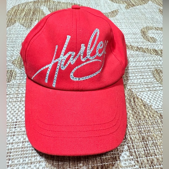 HARLEY red signature rhinestone ball cap baseball hat. BNWT. One size 
CUTE!!! - Picture 1 of 6